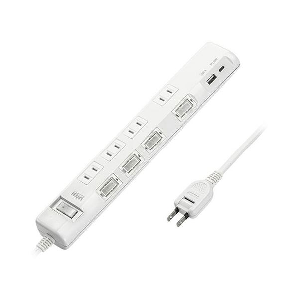 【クーポン配布中】サンワサプライ 節電タップ 2P形状 6個口 2m ホワイト TAP-B108UC-2W