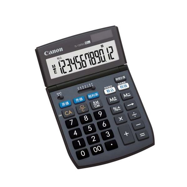 ■商品内容キヤノン 環境配慮実務電卓 TS-122TSG■商品スペック商売計算機能付きの実務電卓。●外形寸法（幅）[mm]：108●外形寸法（奥）[mm]：167●外形寸法（高）[mm]：22●質量[g]：172●桁数[桁]：12●電源：太陽電池＋内蔵電池(CR2032)●保証期間：1年間●表示数字高：17mm●早打ち対応：○●計算状態表示：○●時間計算機能：○●税計算機能：○●チルト表示／傾斜表示：チルト表示●付属品：CR2032(内蔵電池)、取扱説明書、保証書■送料・配送についての注意事項●本商品の出荷目安は【3 - 6営業日　※土日・祝除く】となります。●お取り寄せ商品のため、稀にご注文入れ違い等により欠品・遅延となる場合がございます。●本商品は仕入元より配送となるため、沖縄・離島への配送はできません。