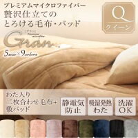 毛布・敷パッドセット クイーン【gran】ディープグリーン プレミアムマイクロファイバー贅沢仕立てのとろける毛布・パッド【gran】グラン 発熱わた入り2枚合わせ毛布+敷パッド