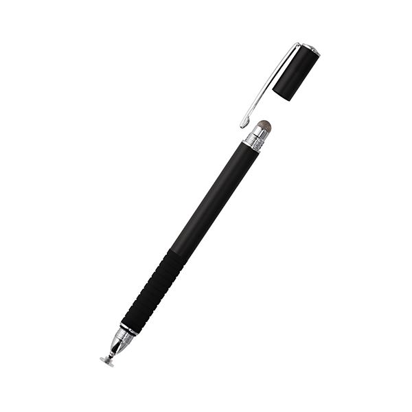 ■商品内容オウルテック 導電繊維とクリアディスク静電式タッチペン■商品スペック透明なディスク型のペン先と導電繊維のペン先を一つに。用途に合わせてペン先を選べるタッチペン。●対応機種：iPhone、iPad、スマートフォン・タブレット各種●本体長[mm]：140●軸寸法（径）[mm]：9.5●色：ブラック●種別：タッチペン●材質：ペン本体＝鉄・銅・アルミニウム、ペン先＝PC・銅・シリコン●静電容量方式※筆圧機能は対応しておりません。■送料・配送についての注意事項●本商品の出荷目安は【3 - 6営業日　※土日・祝除く】となります。●お取り寄せ商品のため、稀にご注文入れ違い等により欠品・遅延となる場合がございます。●本商品は仕入元より配送となるため、沖縄・離島への配送はできません。