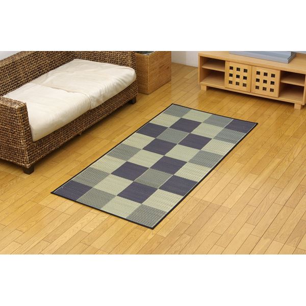 【クーポン配布中&マラソン対象】日本製 い草 花ござ/ラグマット 【ブロック柄 グレー 江戸間1畳 87×174cm】 裏：ウレタン 防傷 抗菌 防臭 調湿 〔リビング〕【代引不可】