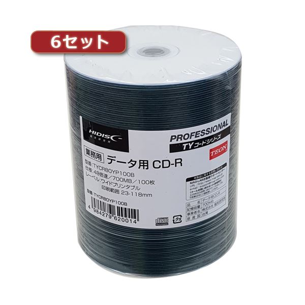 ■商品内容6セットHI DISC CD-R(データ用)高品質 100枚入 TYCR80YP100BX6■商品スペック●容量:700MB ●対応速度:48x ●インクジェット(ワイド)・ホワイト ●ロールラップ ●100枚入×6セット■送料・配送についての注意事項●本商品の出荷目安は【4 - 6営業日　※土日・祝除く】となります。●お取り寄せ商品のため、稀にご注文入れ違い等により欠品・遅延となる場合がございます。●本商品は仕入元より配送となるため、沖縄・離島への配送はできません。[ TYCR80YP100BX6 ]