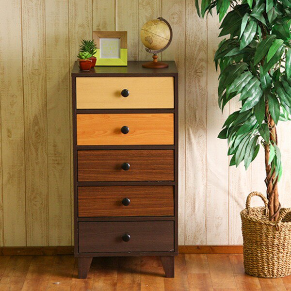 【クーポン配布中】スリムチェスト タンス 幅44.5cm カラフル 引き出し5杯 木製 脚付き 取っ手 ウッドグラデーション リビング ベッドルーム【代引不可】(3)