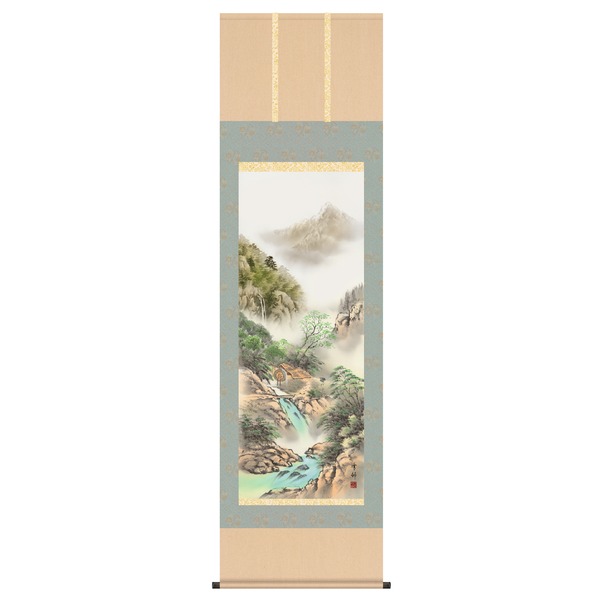 【ポイント20倍】掛け軸 【長さ約1884mm】 中山雪邨 掛軸(尺五) 「彩色山水」 桐箱入り 日本製