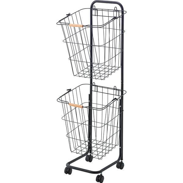 【クーポン配布中】収納ボックス ランドリーバスケット 幅37cm 2段 ブラック 2セット キャスター スチール バスケットワゴン 組立品 脱衣所 洗面所