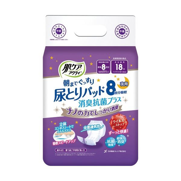 【ポイント20倍】日本製紙クレシア 肌ケア アクティ 朝までぐっすり尿とりパッド 消臭抗菌プラス 8回分吸収 1セット(108枚：18枚×6パック)