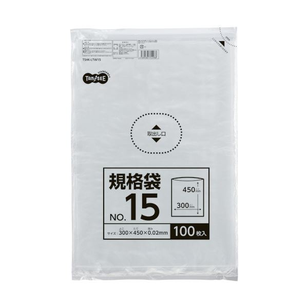 ■商品内容【ご注意事項】・この商品は下記内容×30セットでお届けします。●低密度ポリエチレンを使用したオリジナル規格袋。15号100枚入です。■商品スペックサイズ：15号色：透明寸法：タテ450×ヨコ300mm厚さ：0.02mm材質：低密度ポリエチレン(LLD)備考：※製造上、寸法・厚さに若干のバラつきがある場合がございます。【キャンセル・返品について】商品注文後のキャンセル、返品はお断りさせて頂いております。予めご了承下さい。■送料・配送についての注意事項●本商品の出荷目安は【1 - 5営業日　※土日・祝除く】となります。●お取り寄せ商品のため、稀にご注文入れ違い等により欠品・遅延となる場合がございます。●本商品は仕入元より配送となるため、沖縄・離島への配送はできません。[ TSHK-LTW15 ]文房具・事務用品＞ギフトラッピング用品＞その他＞＞