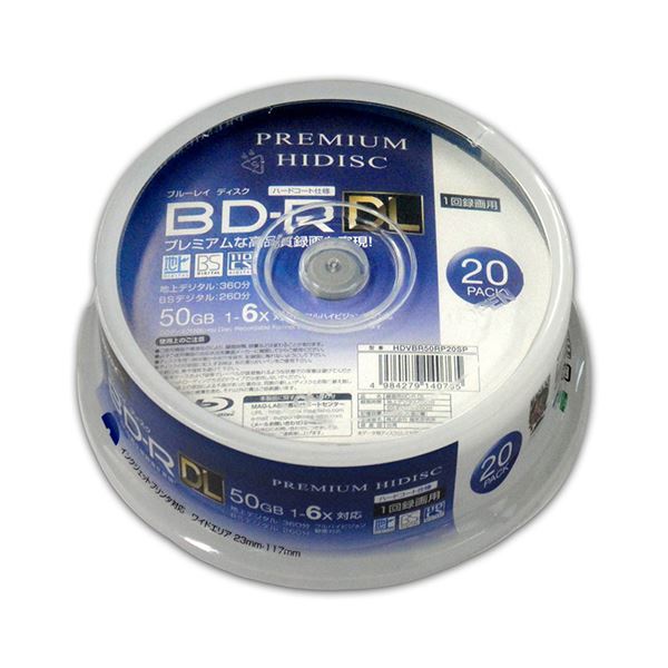 【ポイント20倍】（まとめ）PREMIUM HIDISC BD-R DL 1回録画 6倍速 50GB 20枚 スピンドルケース 【×10個セット】 HDVBR50RP20SPX10