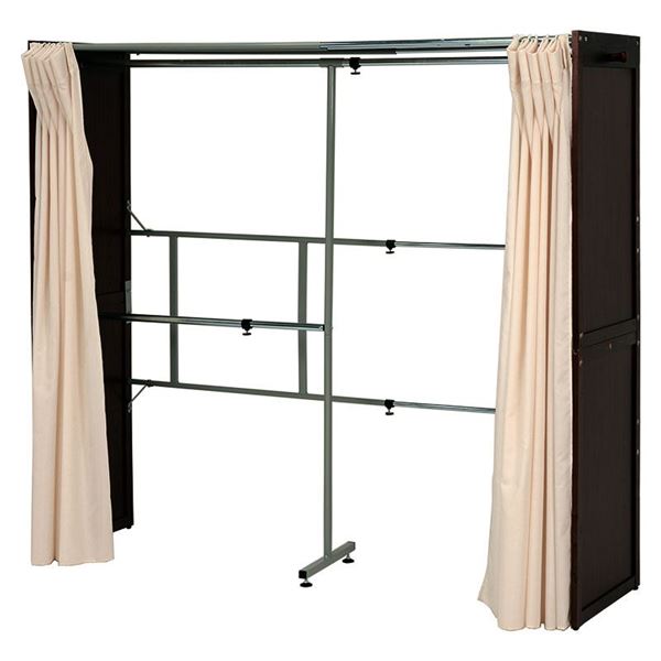 【ブラックフライデーでP最大47倍】伸縮式 クローゼット/衣類収納 【幅115～195cm×高さ170cm ダークブラウン】 木製 スチール 洗えるカーテン付き【代引不可】