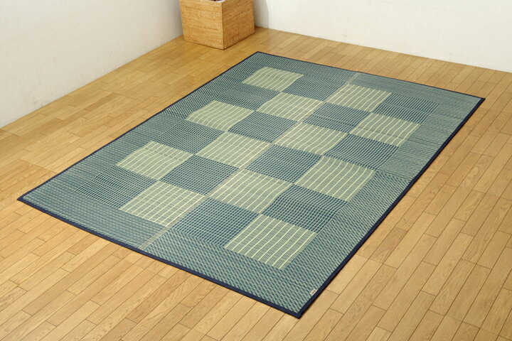 【クーポン配布中】純国産 い草ラグカーペット 格子柄シンプルモダン 『Fライト』 ブルー 約191×250cm【ブルー】 【代引不可】