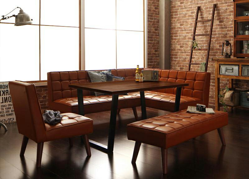 【クーポン配布中】ソファダイニング アメリカンヴィンテージ リビングダイニングセット Monica モニカ 5点セット (ダイニングテーブル + ソファー1脚 + アームソファー1脚 + チェア1脚 + ベンチ1脚) 右アーム W120 ビンテージ風 食卓 コーナー カフェ風 インテリア