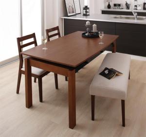 【ポイント20倍】天然木ウォールナット材 デザイン伸縮ダイニングセット 4人 4点セット(テーブル+チェア2脚+ベンチ1脚) W140-240 組立設置付