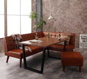 【ポイント20倍】ダイニングセット（テーブル&ソファ スツール） 古木風 ヴィンテージ アメリカンスタイル リビングダイニング 4人 4点セット(テーブル+ソファ1脚+アームソファ1脚+スツール1脚) 右アーム W120 組立設置付