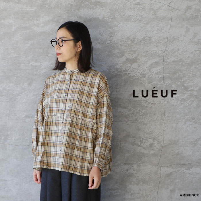 【10%OFFクーポン配布中】【SALE セール 20%OFF】LUEUF ルフコットンリネン マドラスチェック ギャザーブラウスメール便発送 ベージュ ナチュラル チェック柄日本製