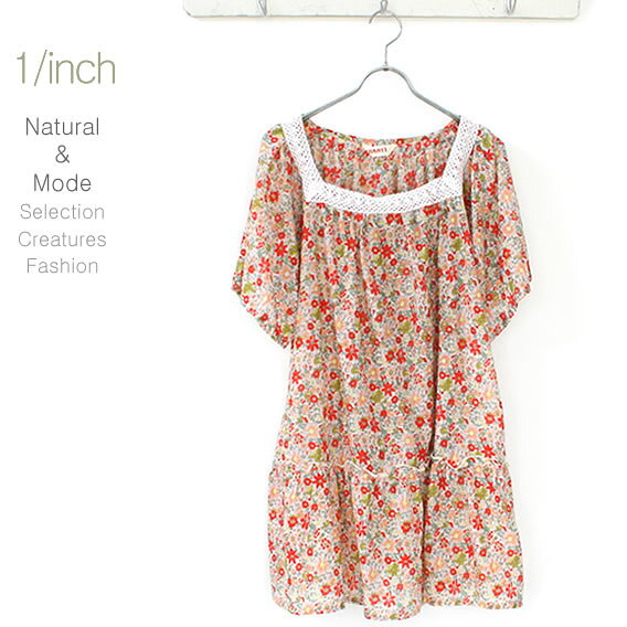 【 50%OFF 】胸元レースふんわりギャザーフリル小花柄チュニックGathers breast race soft ruffle pedicel one piece