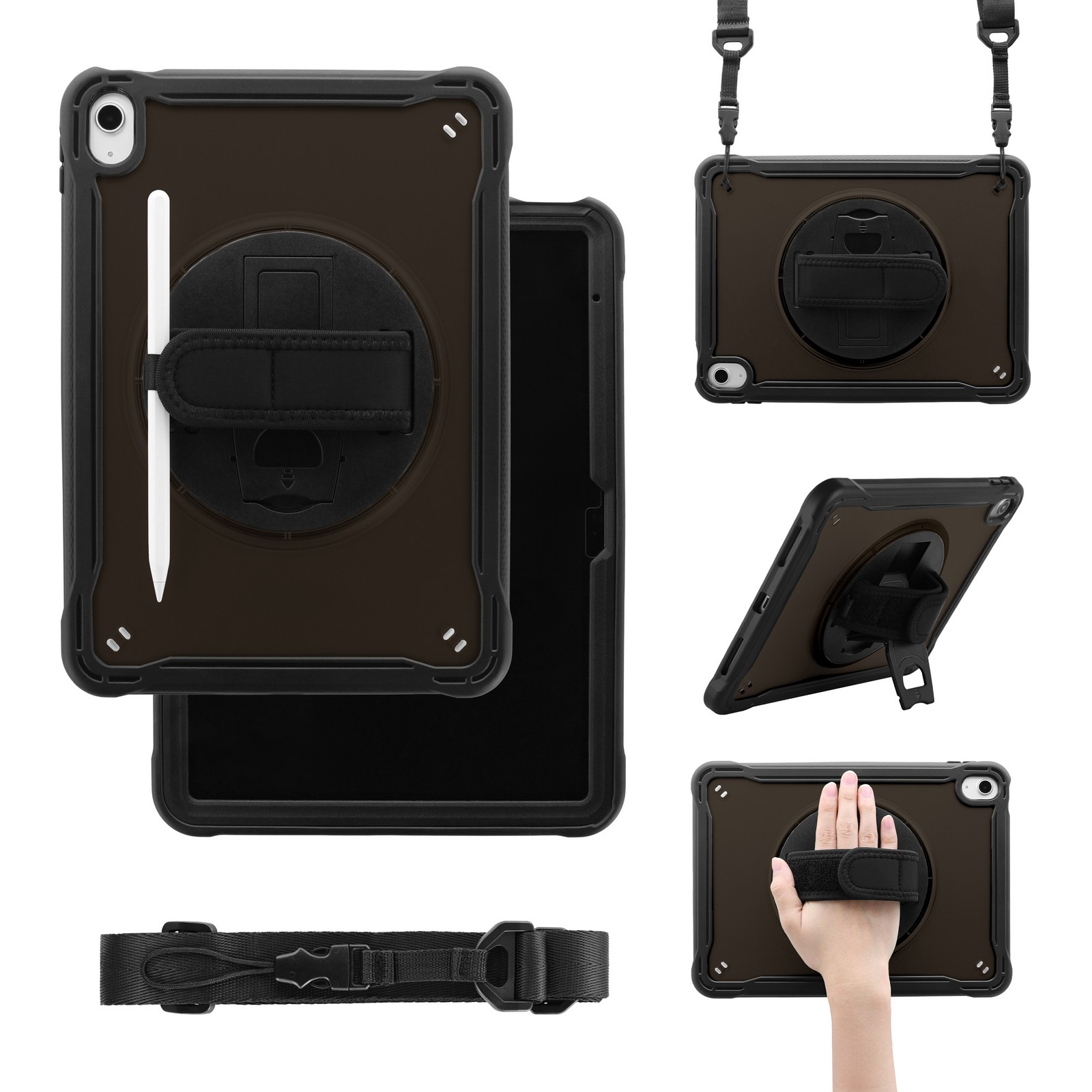 【期間限定★ポイント20倍】iPad 11インチ (A16)/iPad 10.9インチ (第10世代) 縦横スタンド可能 360度回転ホール 耐衝撃ケース Apple Pencilホルダー付 長さ調節が可能な面テープハンドル 長さ調節可能なバックルつきショルダーストラップ付