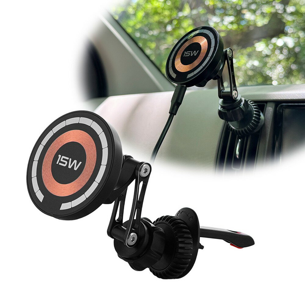 【期間限定★ポイント20倍】 MagSafe対応 車載ワイヤレス充電器 エアコン吹き出し口用 ロングアーム スマートフォンを片手でラクラク操作 充電機能つき車載ホルダー 最大出力15W コンパクトに折りたたみ MagSafe非対応機種やケースでも使える ブラック