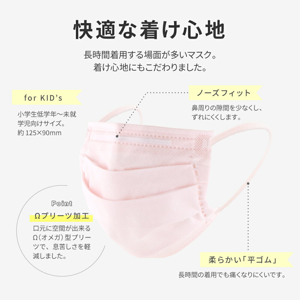 不織布マスク こども用サイズ 50枚入/箱 ベーシック 個包装あり ピンク BFEフィルター採用 携帯用 子供用 未就学児〜小学校低学年向け 小さめ キッズ 使い捨て プリーツ 平ひも ＋Life プラスライフ