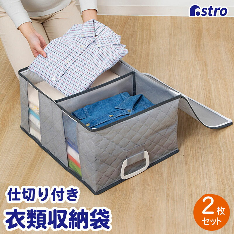 Rakuten - 【店内最大20%OFFクーポン】衣類収納袋 衣類収納 衣類 収納ケース 収納ボックス 収納袋 グレー 2枚組 仕切り 持ち手 透明窓 不織布 折りたたみ 積み重ね 洋服 タオル 小物 下着 衣装 衣装ケース コスプレ クローゼット 押し入れ ベッド下 アストロ 179-03