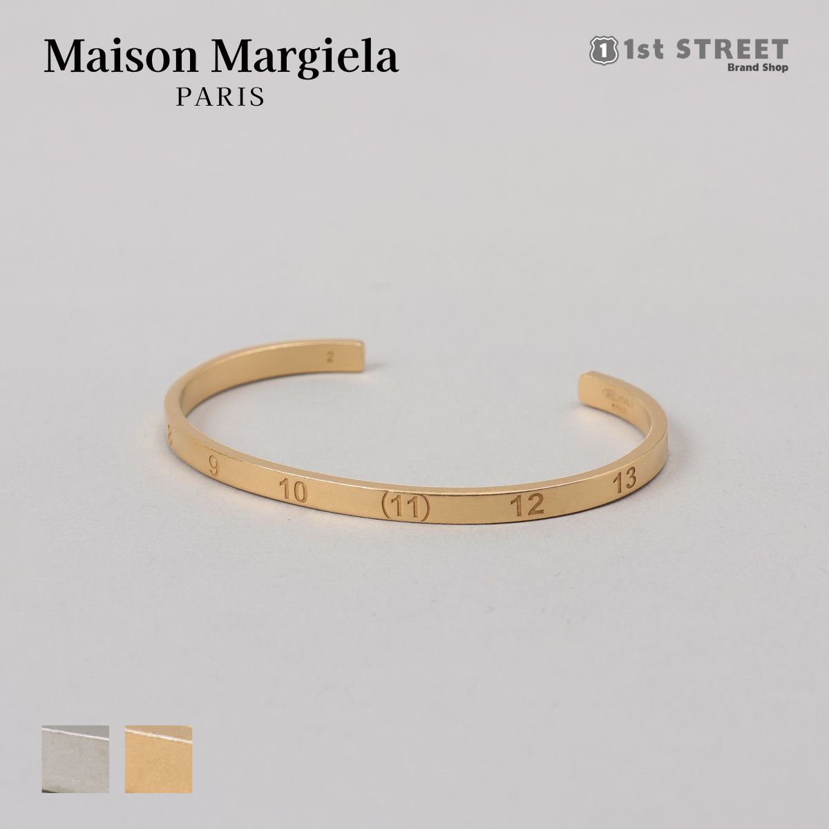 Maison Margielaの「ナンバリング・バングル」。マルジェラならではのナンバーロゴが刻印されています。 DETAIL アイテム詳細ブレスレット ブランド名MAISON MARGIELA シーズン2023AW カラー951 SILVER(シルバー)950 YELLOW GOLD PLATING BURATTATO(ゴールド) サイズ詳細1【2】内周13cm【3】内周13.5cm サイズ詳細2- 重量- 素材シルバー 原産国イタリア 仕様1- 仕様2- メーカー商品名Cuff メーカー品番SI8UY0002 ご注意・画像と実際の商品は、個体差により若干異なる場合がございますので、予めご了承下さい。・本製品は海外メーカーからの並行輸入品となり、全て本物かつ新品の商品でございます。・稀に商品の保存箱・袋に破損（折れ、へこみ、破れ、汚れ等）などが見られる場合がございますが、初期不良対象外とさせて頂きます。こちらを理由とした返品交換・キャンセル等はお受けしておりませんので、予めご了承ください。 キーワードギフト プレゼント ラッピング 誕生日 お祝い ブランド トレンドITEM IMAGES 関連アイテム ＜＜MAISON MARGIELA 商品一覧はこちら＞＞ ＜＜ブレスレット 商品一覧はこちら＞＞