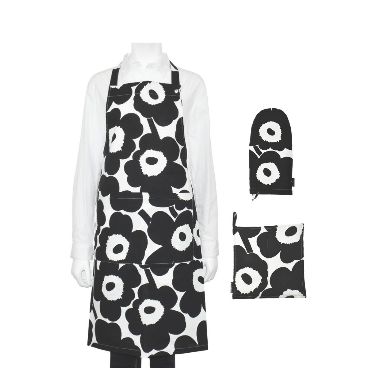 マリメッコ　エプロン マリメッコ MARIMEKKO エプロン ブラック/ホワイト キッチン エプロン ミトン 鍋敷き ウニッコ 花柄 071709 190 PIENI UNIKKO KEITTIO WHITE/BLACK レディース