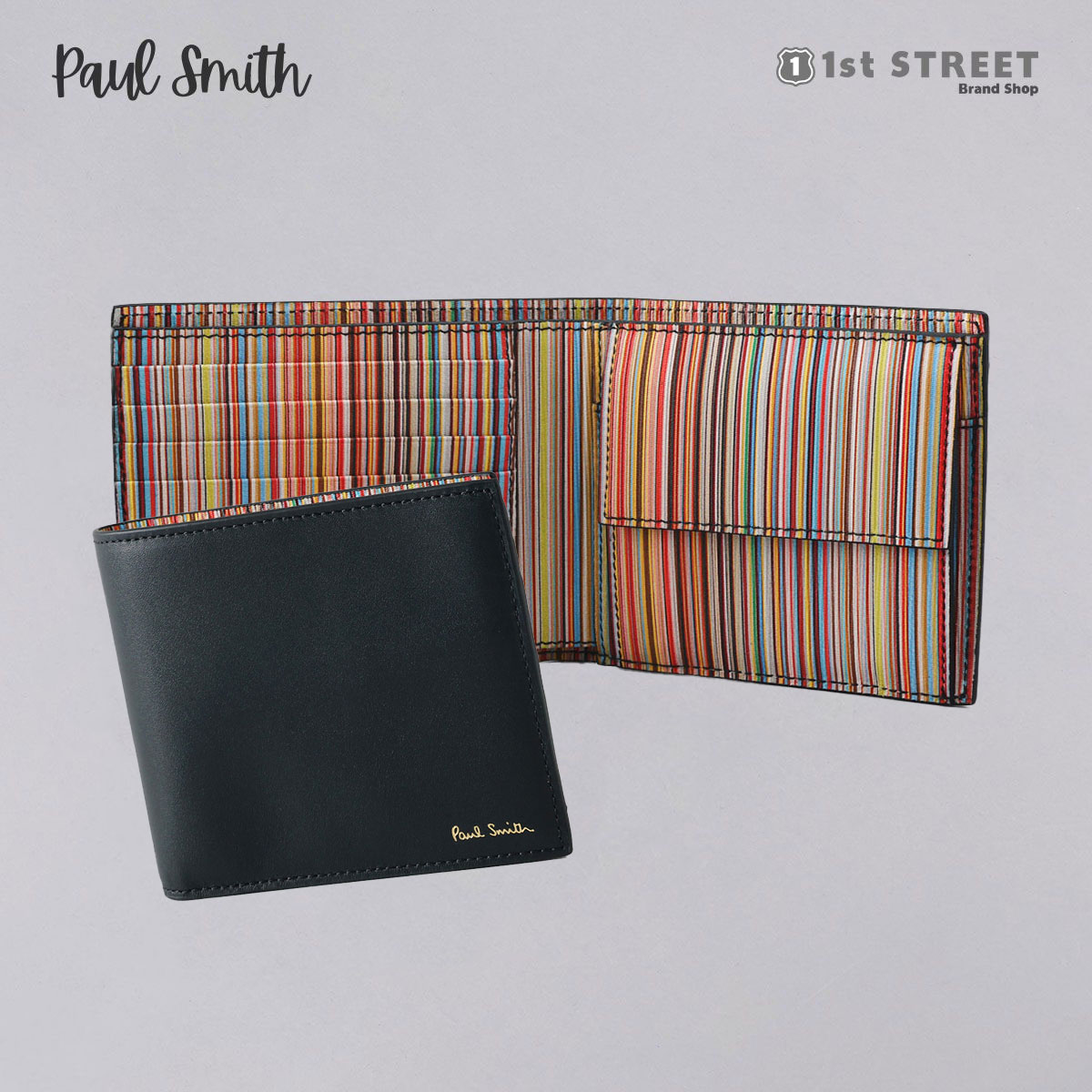 【5/10限定！2人に1人が当選★エントリーで最大100％ポイントバック】ポールスミス PAUL SMITH 2つ折り財布 二つ折り財布 ミニ財布 メンズ コンパクト マルチストライプ BOX付き ブラック BMULTI M1A4833 MEN WALLET BF COIN INTMUL79 BLACK【RSL】