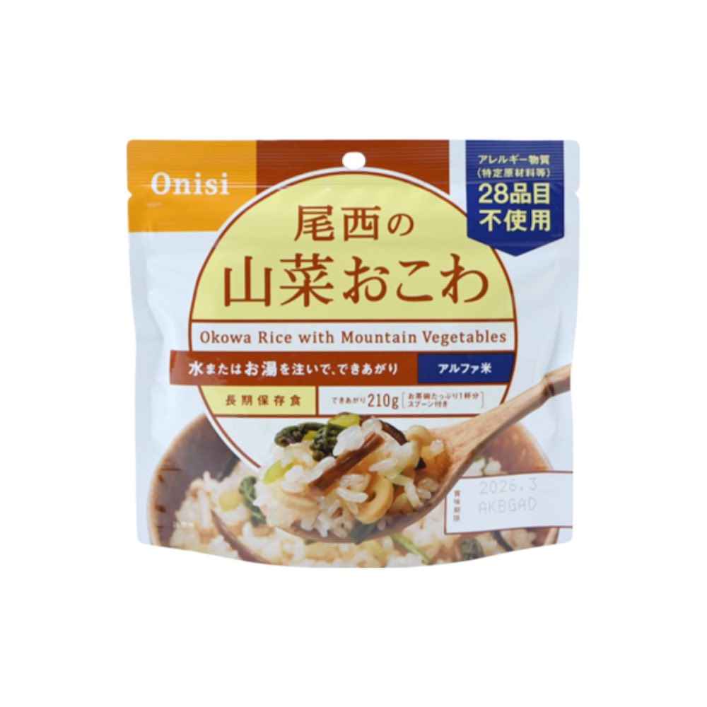 山の恵みの、もっちりおこわです。大きな山菜がたくさん入っています。 スプーン付きだから、何処ででもお召し上がりいただけます。 でき上がりの量は、お茶碗たっぷり1杯分、210g！ ■品番&nbsp;7008802006 ■品名&nbsp;アルファ米 山菜おこわ 1食（100g） ■仕様・特徴 &nbsp;【原材料】 &nbsp;&nbsp;もち米（国産）、うるち米（国産）、調味粉末（食塩、かつお節エキス粉末、ぶどう糖、ぶどう糖加工品、でん粉）、味付乾燥具材（水煮わらび、水煮ぜんまい、水煮えのき、水煮細竹、水煮ふき、醤油風調味料、かつお節エキス、砂糖、食塩、乾燥きくらげ）/調味料（アミノ酸等）、香料、ソルビトール、酸味料 &nbsp;【栄養成分】 &nbsp;&nbsp;(1食100gあたり）エネルギー359kcal、たんぱく質6.5g、脂質0.9g、炭水化物81.3g、食塩相当量1.5g &nbsp;【製造者】 &nbsp;&nbsp;尾西食品株式会社 &nbsp;&nbsp;東京都港区三田3-4-2 いちご聖坂ビル3階