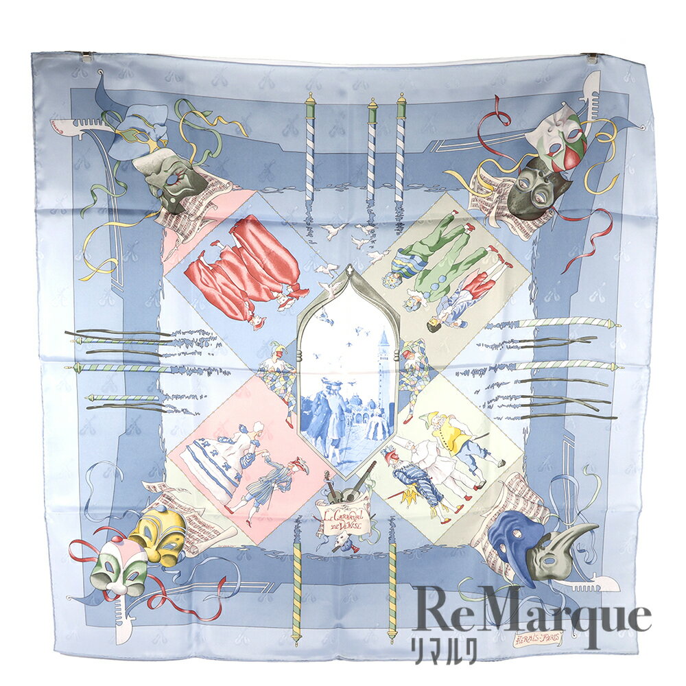HERMES（エルメス）カレ90 LE CARNAVAL DE VENISE ベニスのカーニバル ライトブルー シルク スカーフ 大判【中古】【程度ABランク】のサムネイル