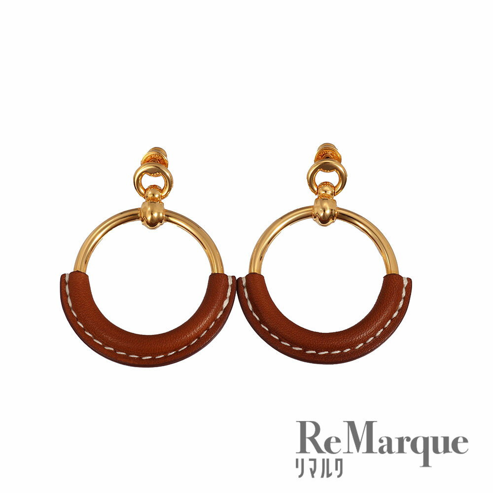 HERMES（エルメス）ループ グラン ピアス ブラウン レザー×GP ゴールド金具 アクセサリー レディース【中古】【程度Aランク】のサムネイル