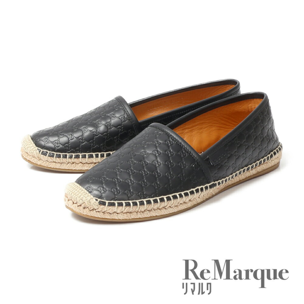 GUCCI（グッチ）GG マイクロシマ スリッポン エスパドリーユ ブラック レザー フラットシューズ 567106 #37.5 レディース シューズ【中古】【程度Aランク】