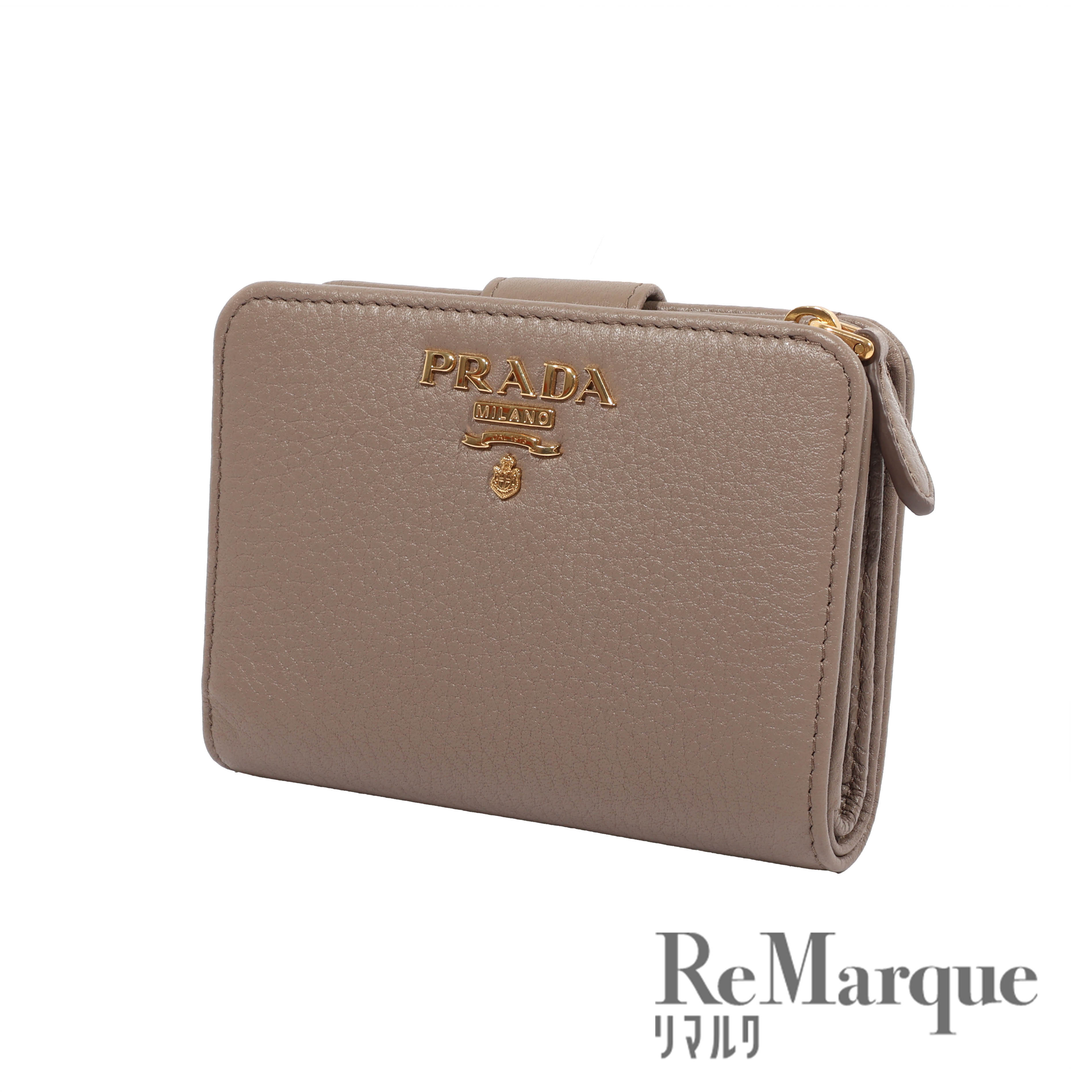 PRADA(プラダ) コンパクトウォレット グレージュ レザー 1ML018 二つ折り財布 L字ファスナー ウォレット【中古】【程度A】のサムネイル