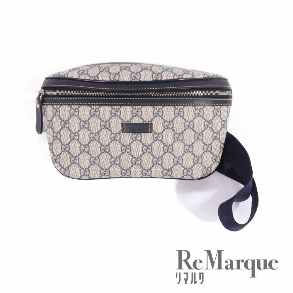GUCCI(グッチ) GGスプリーム ボディバッグ ウエストバッグ ベージュ ネイビー PVC×レザー 233269 斜め掛け【中古】【程度AB】