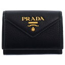 PRADA(プラダ) 三つ折り財布 サフィアーノ ブラック レザー ゴールド金具 コンパクトウォレット 1MH021【中古】【程度A】