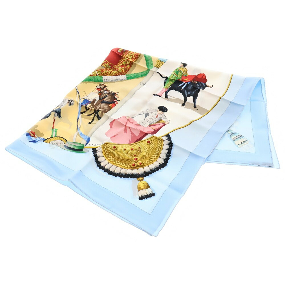 HERMES(エルメス) カレ90 闘牛場 PLAZA DE TOROS シルク ライトブルー マルチカラー スカーフ【中古】【程度A】