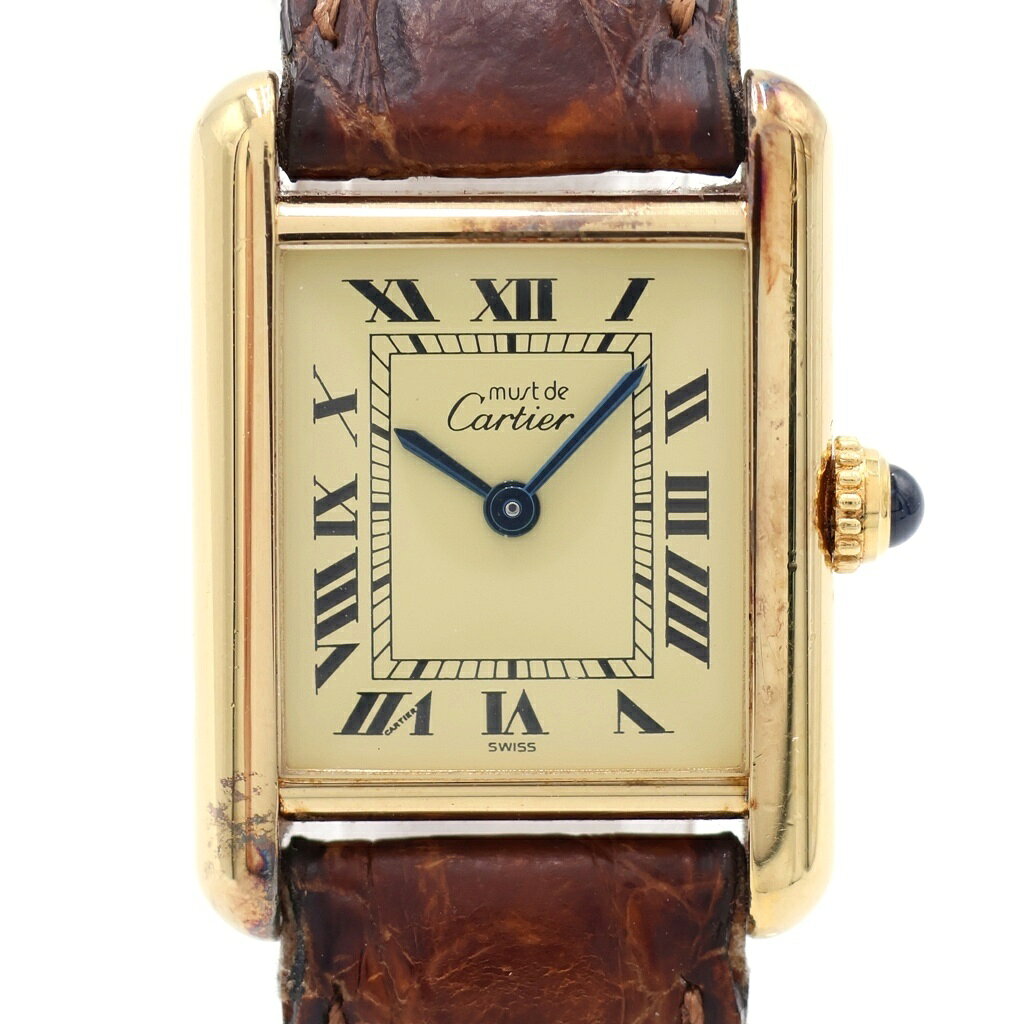Cartier(カルティエ) マストタンクSM シルバーギルト アイボリー文字盤 レザーベルト クォーツウォッチ 腕時計 ゴールド/ブラウン W1003153【中古】【程度B】