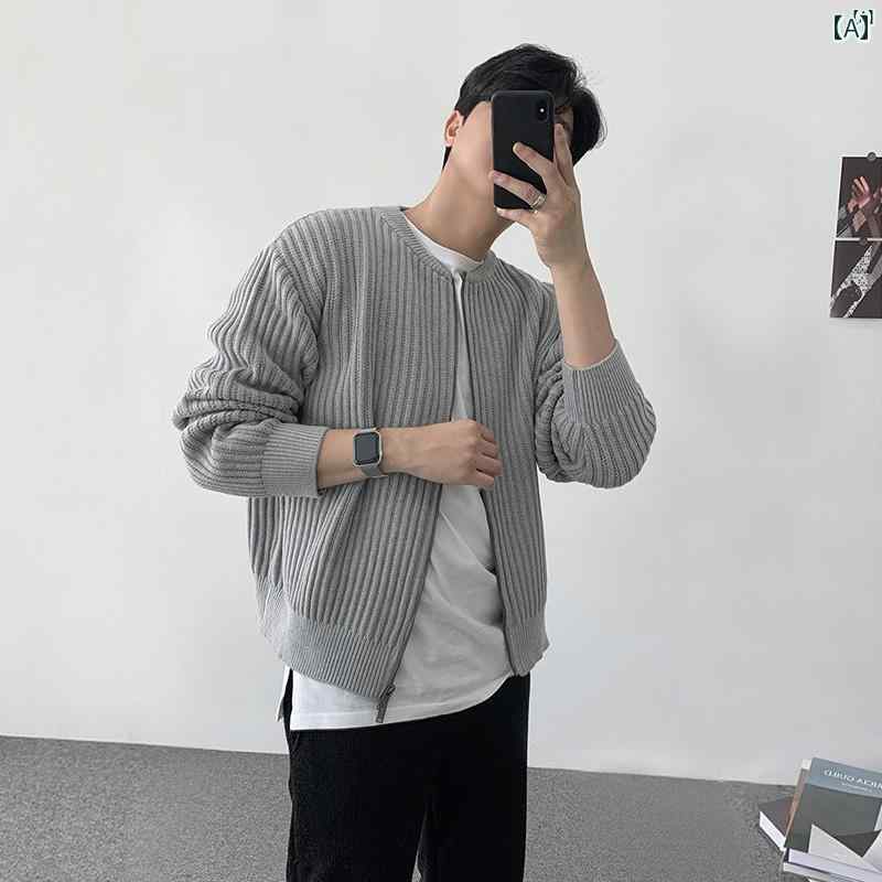 メンズ　ファッション　韓国ファッション　オシャレ　海外風 秋 メンズ ラウンドネック ジッパー セーター カジュアル 韓国 ソリッドカラー ニット カーディガンジャケット