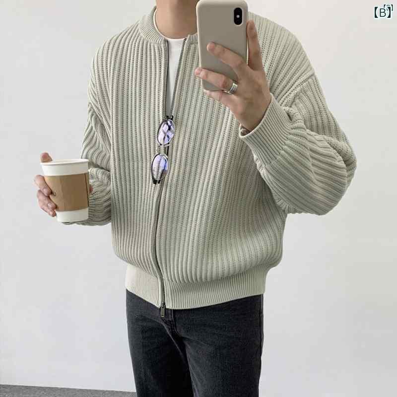 メンズ　ファッション　韓国ファッション　オシャレ　海外風 秋 メンズ ラウンドネック ジッパー セーター カジュアル 韓国 ソリッドカラー ニット カーディガンジャケット