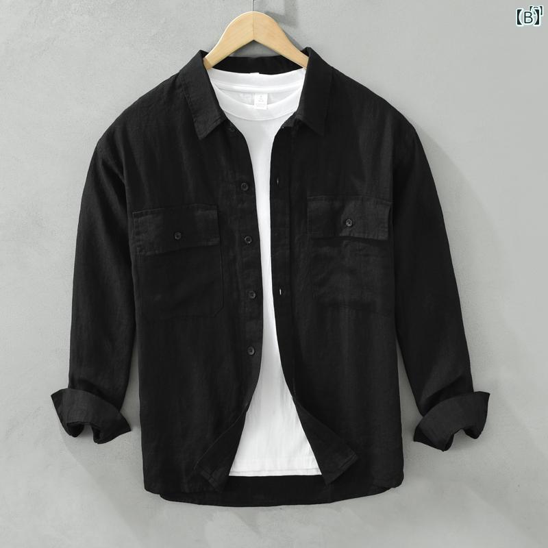 メンズ　ファッション　韓国ファッション　オシャレ　韓国 春夏 長袖 リネンシャツ メンズ ワークウェア カジュアル コットン リネン 服 トップス ジャケット