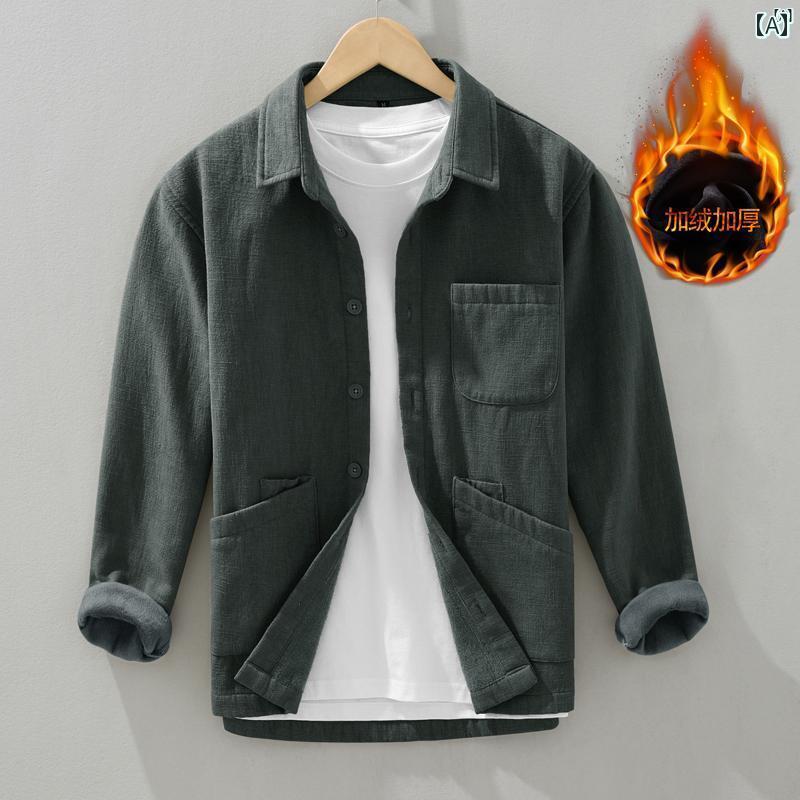 メンズ　ファッション　韓国ファッション　オシャレ　韓国 中国 レトロ ラミー ジャケット シャツ メンズ 作業着 秋冬 ベルベット 厚手 コットン リネン 暖かい