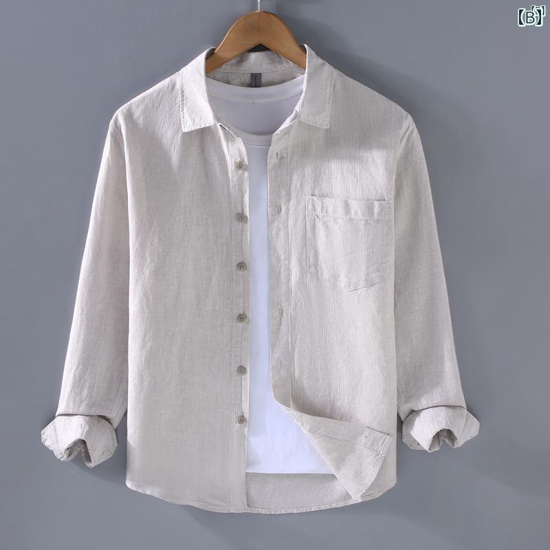 メンズ　ファッション　韓国ファッション　オシャレ　韓国 メンズ ストライプ リネンシャツ 春夏 長袖 通気性 シャツ 文学 カジュアル 薄手 コットン リネン 服 ジャケット