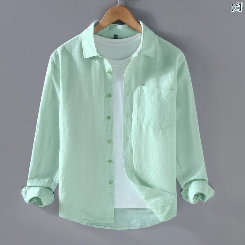 メンズ　ファッション　韓国ファッション　オシャレ　韓国 メンズ ストライプ リネンシャツ 春夏 長袖 通気性 シャツ 文学 カジュアル 薄手 コットン リネン 服 ジャケット