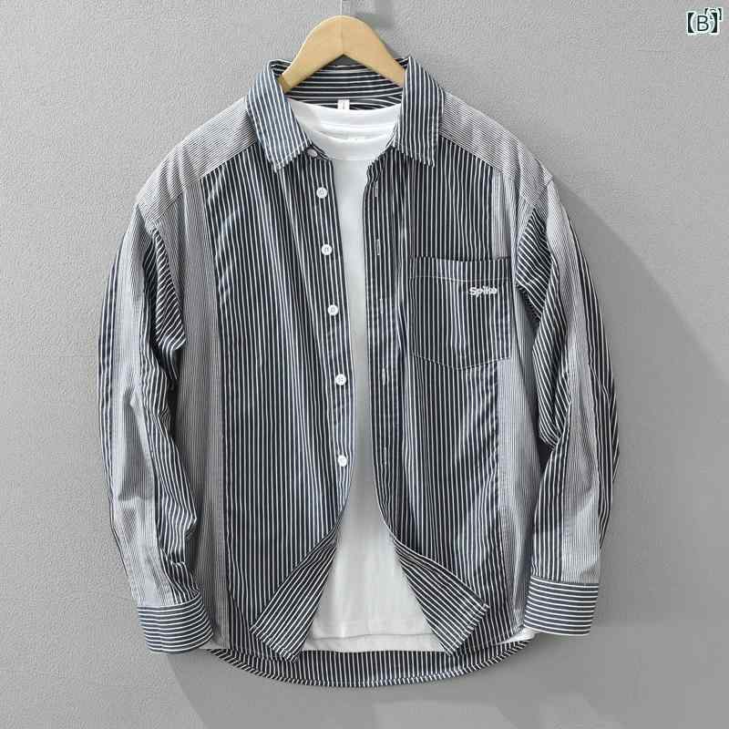 メンズ　ファッション　韓国ファッション　オシャレ　韓国 小柄 フレッシュ ストライプシャツ メンズ 長袖 スプライシング 春秋 コットンシャツ ジャケット