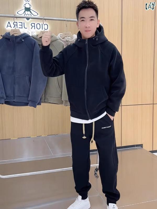 メンズ　ファッション　オシャレ　韓国 秋冬 新 オーストリア ベルベット メンズ フード付き ジャケット 厚手 カジュアル トップ 無地 暖かい ジッパー スウェットシャツ