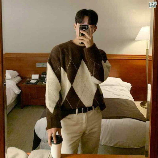 メンズ ファッション 韓国ファッション オシャレ 海外風 男性用 冬 厚手 菱形 チェック柄 セーター カジュアル ラウンドネックプルオーバー トップ ジャケット メンズ ファッション 韓国ファッション オシャレ 海外風 男性用 冬 厚手 菱形 チェック柄 セーター カジュアル ラウンドネックプルオーバー トップ ジャケット