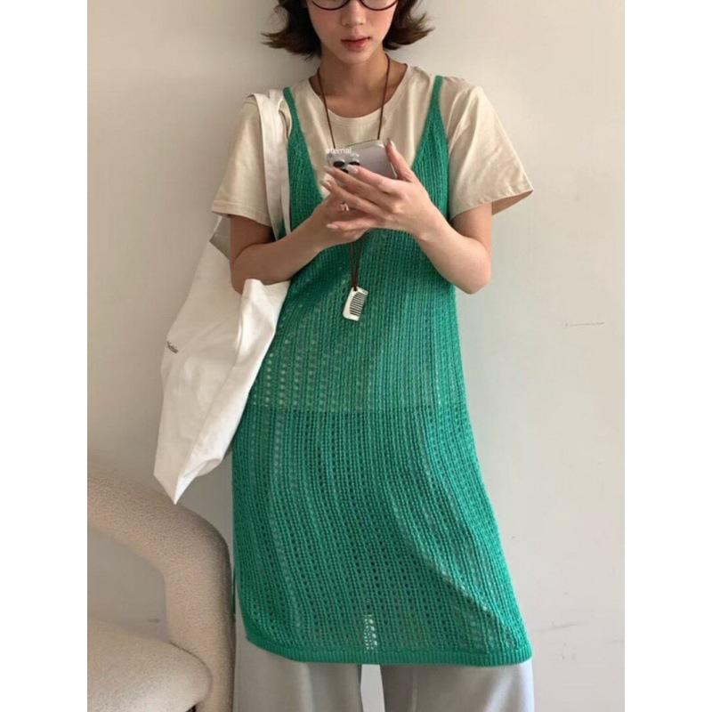 ニットジレ レディース 透かし編み Vネック サイドスリット 薄手 ロング丈 シアー ポリエステル 羽織り 重ね着 リラックスフィット 紫外線対策 春夏 韓国ファッション
