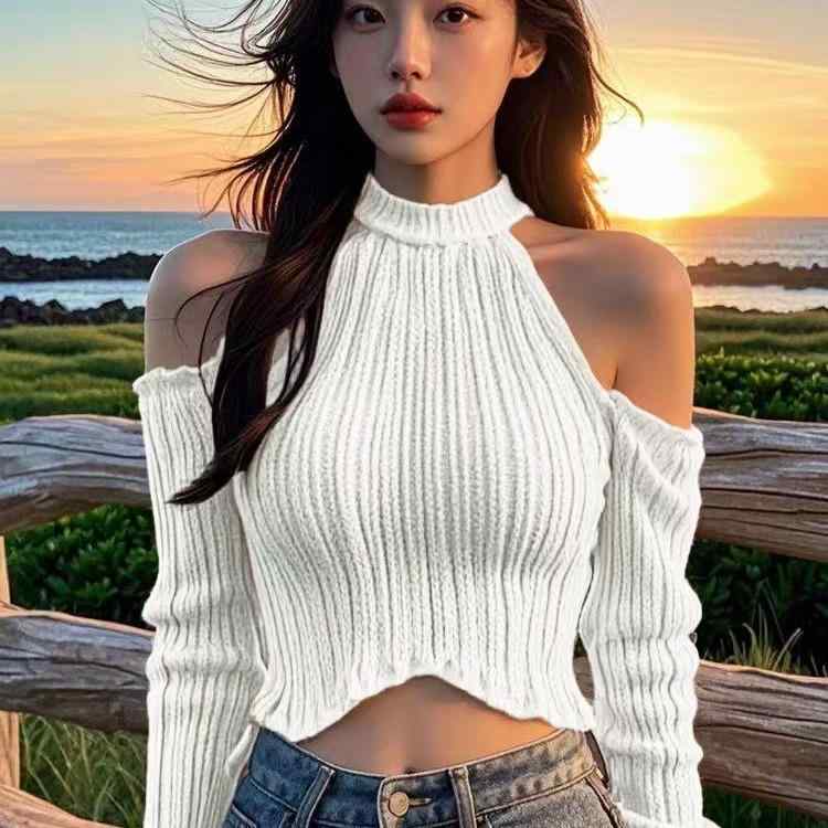 トップス レディース オフショルダー ホルターネック ショート丈 ニット セクシー きれいめ 上品 大人可愛い 抜け感 スリムフィット 長袖 ポリエステル 春夏 ホワイト ブラック ピンク アプリコット