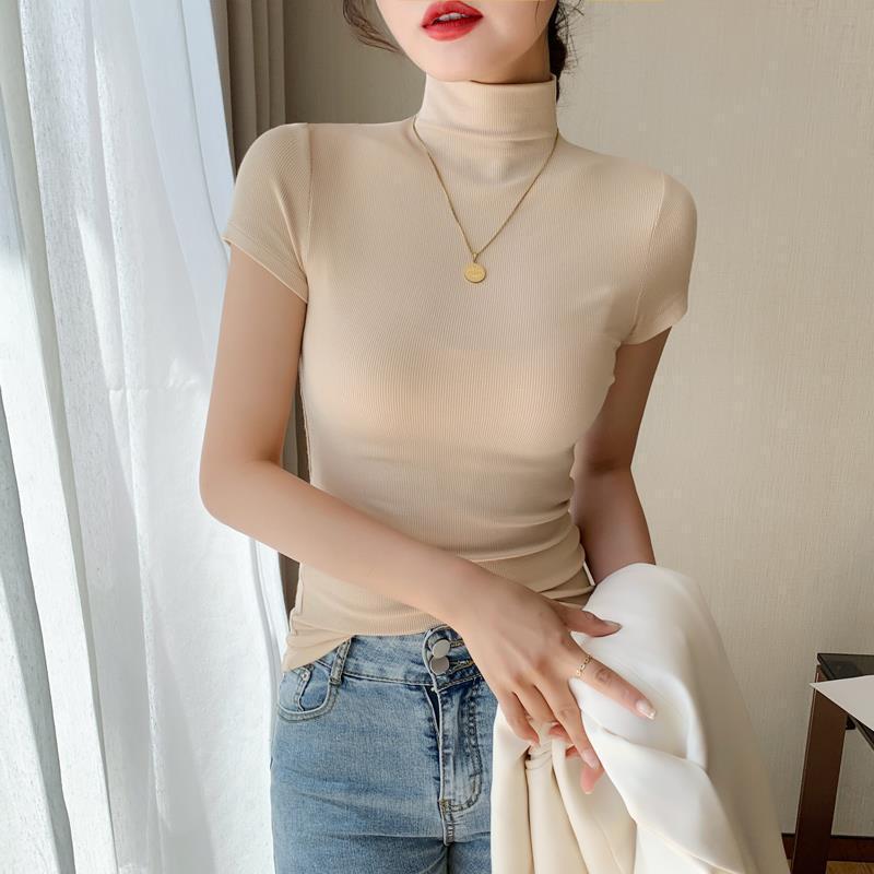 乐天商城 - ニットTシャツ レディース モックネック 半袖 アクリル スリムフィット 春夏 エレガント きれいめ 着回し 通勤 オフィス アプリコット ベージュ トップス