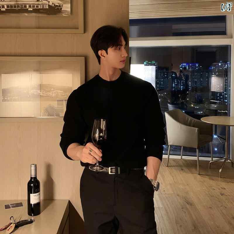 メンズ　ファッション　韓国ファッション　オシャレ　海外風 メンズ用 ブラック ラウンドネック ニット ボトム シャツ 韓国 軽量大歳 高度 セーター 春秋 インナートップ