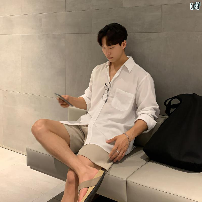 メンズ　ファッション　韓国ファッション　オシャレ　海外風 男性用 ライト ブルー シャツ 和風 ボーイッシュ 長袖 コート 秋 高級 薄手 通気性 トップス