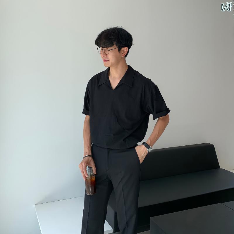 メンズ　ファッション　韓国ファッション　オシャレ　海外風 無地 ポロシャツ メンズ Tシャツ レトロ Vネック 高度 半袖 トップ